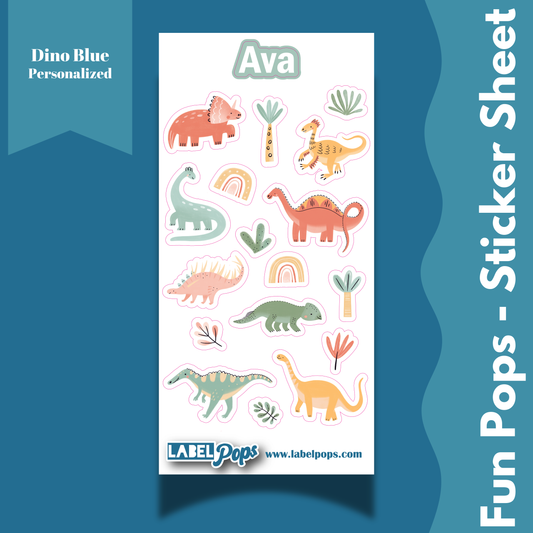 Personalized Sticker Sheet - Dino Blue
